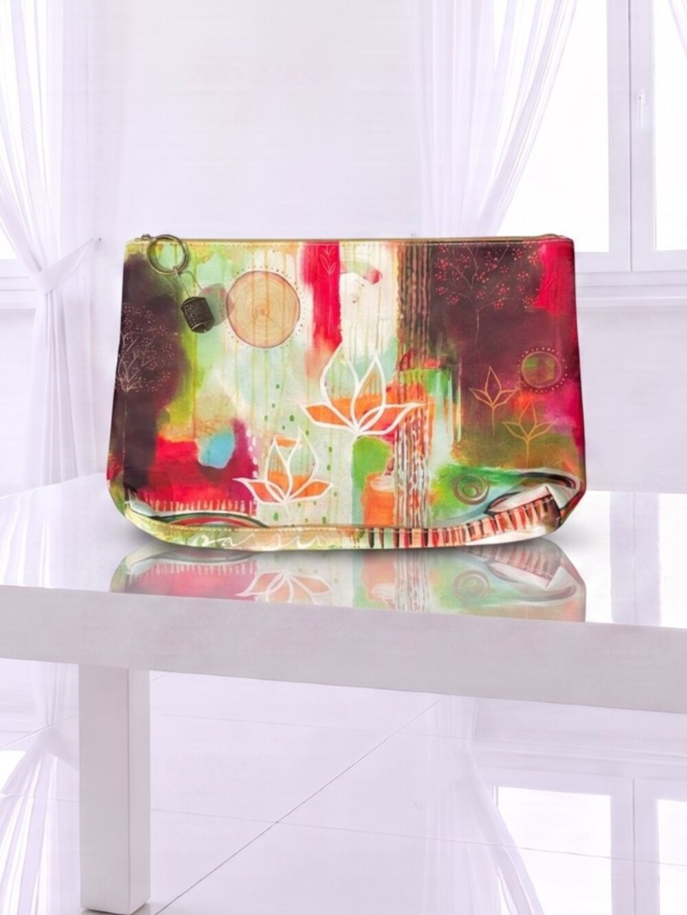 Rare Papaya Art Accessory Pouch Bohemian Abstract Floral Mixed Media Zipper Bag